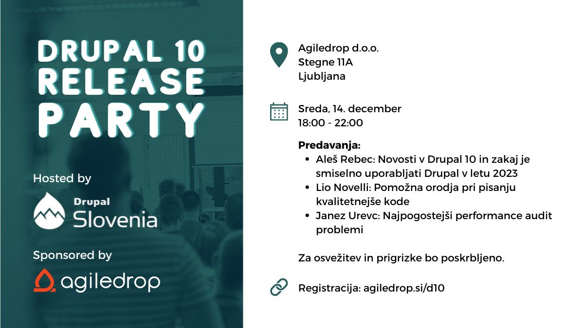 Image with info about Drupal 10 Release Party sponsored by Agiledrop