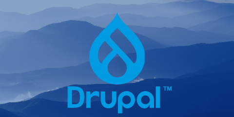 Drupal logo over a blue mountainous background