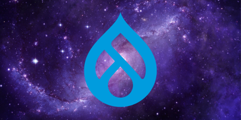 Drupal logo on dark purple galaxy background