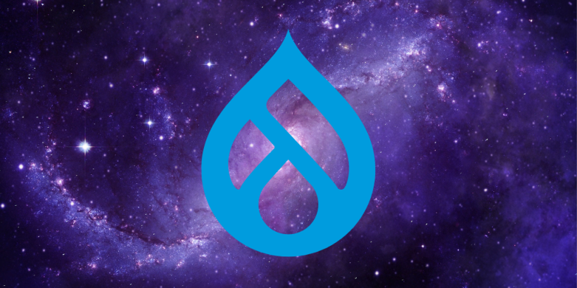 Drupal logo on dark purple galaxy background