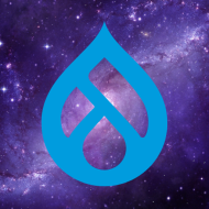 Drupal logo on dark purple galaxy background